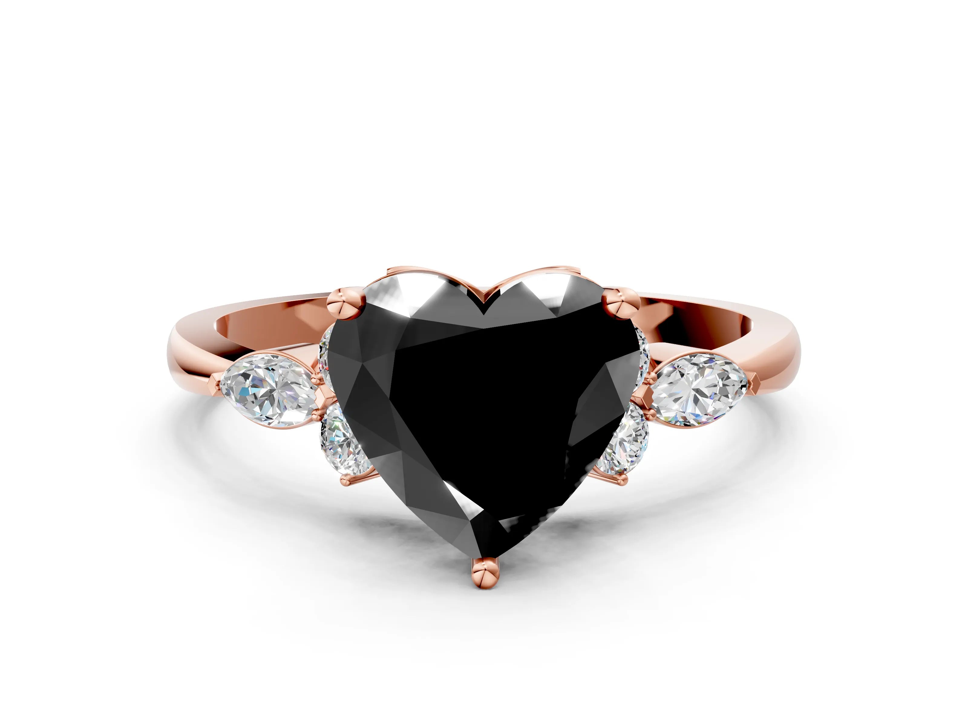 Rose gold Fancy Black Heart Cut Brilliant Diamond Solitaire Ring with Pear Side Stones and Four-Prong Setting_3