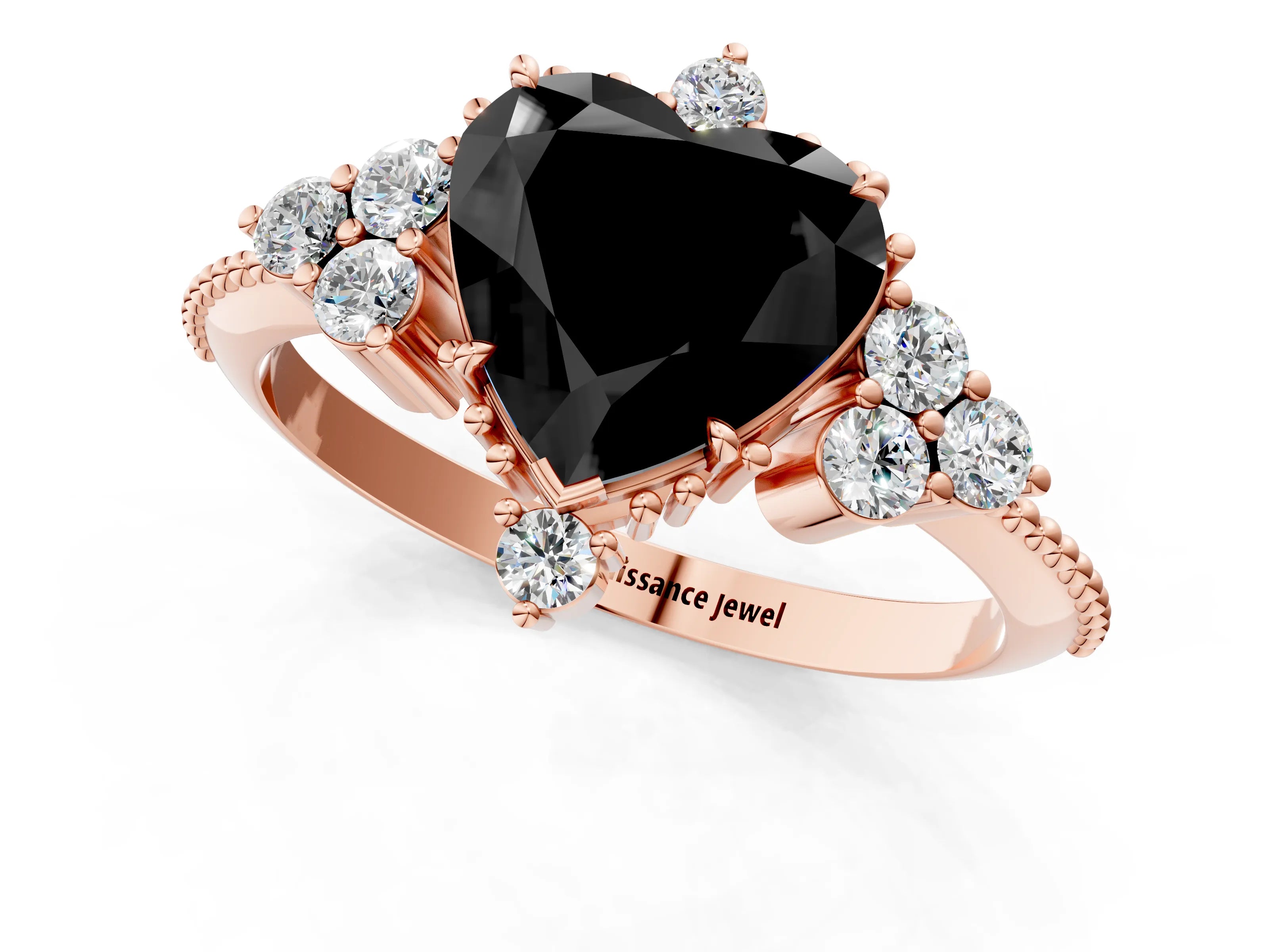 Rose gold Fancy Black Heart Cut Brilliant Diamond with Cluster Setting on a Beaded Band and Four-Prong Setting_1