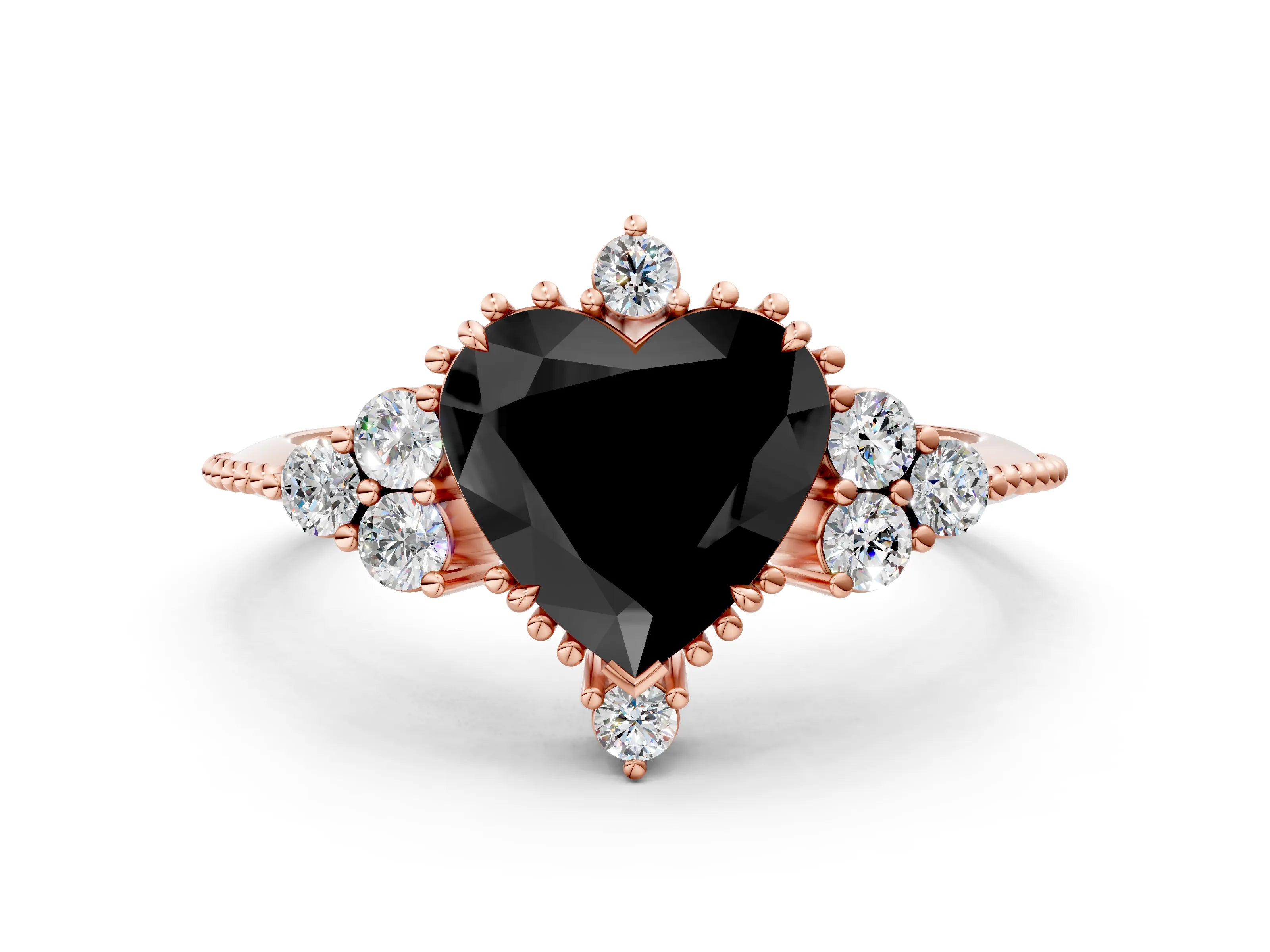 Rose gold Fancy Black Heart Cut Brilliant Diamond with Cluster Setting on a Beaded Band and Four-Prong Setting_12