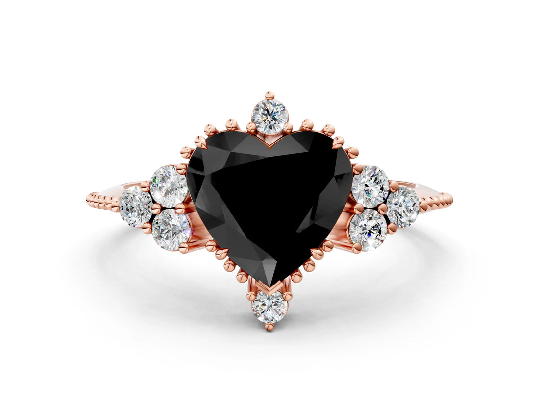 Rose gold Fancy Black Heart Cut Brilliant Diamond with Cluster Setting on a Beaded Band and Four-Prong Setting_12
