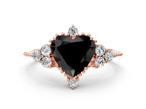 Rose gold Fancy Black Heart Cut Brilliant Diamond with Cluster Setting on a Beaded Band and Four-Prong Setting_12