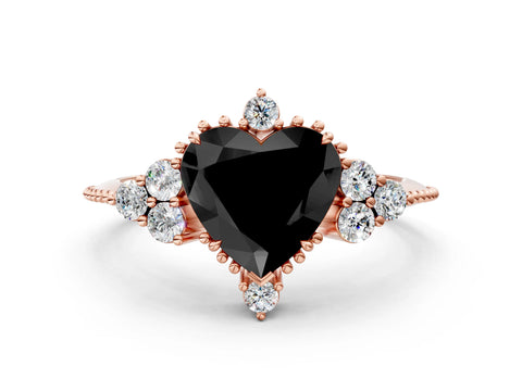 Rose gold Fancy Black Heart Cut Brilliant Diamond with Cluster Setting on a Beaded Band and Four-Prong Setting