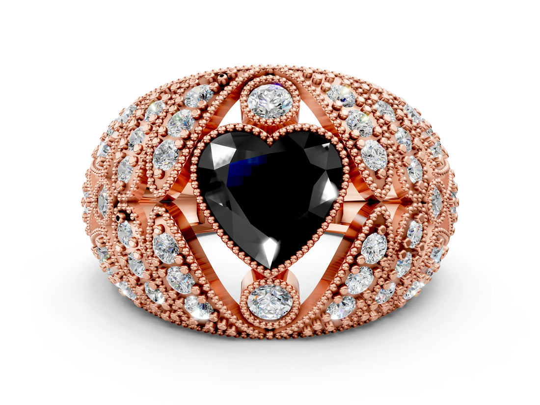 Rose gold Fancy Black Heart Cut Brilliant Halo Pave Diamond Milgrain Ring
