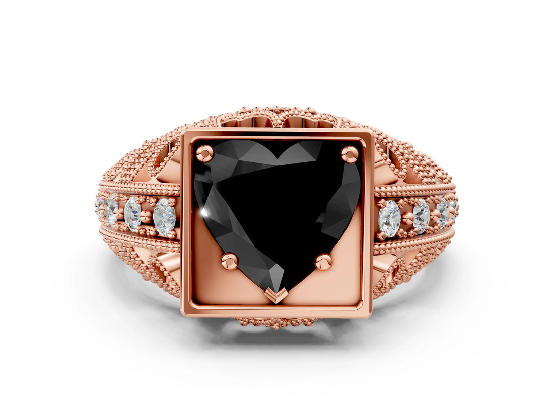 Rose gold Fancy Black Heart Cut Brilliant Milgrain Filigree Diamond Ring with Square Prong Setting