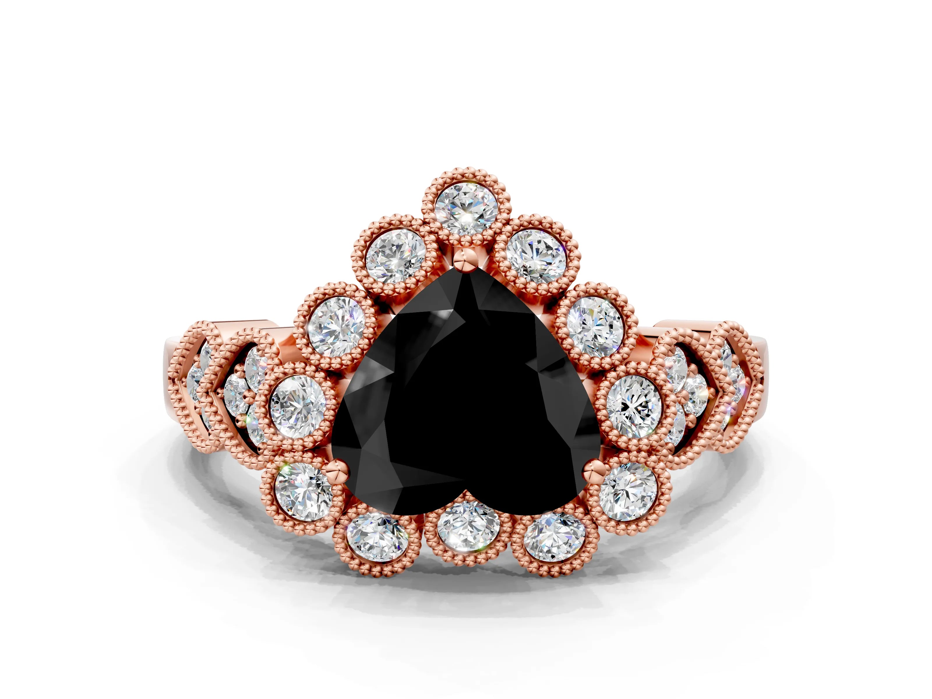 Rose gold Fancy Black Heart Cut Brilliant Milgrain Pave Heart Band Solitaire Ring