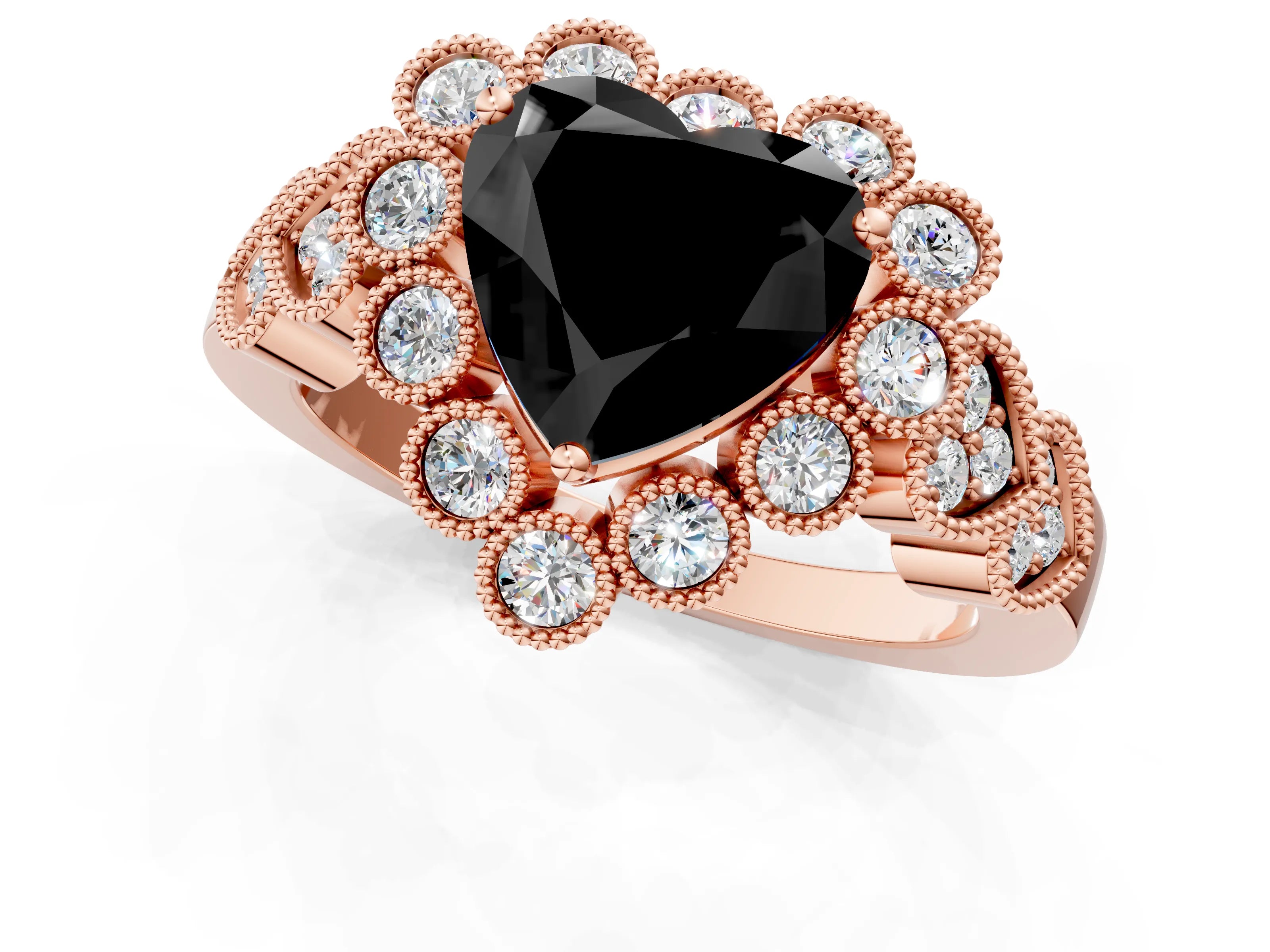 Rose gold Fancy Black Heart Cut Brilliant Milgrain Pave Heart Band Solitaire Ring_1