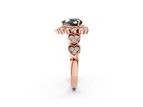 Rose gold Fancy Black Heart Cut Brilliant Milgrain Pave Heart Band Solitaire Ring_2