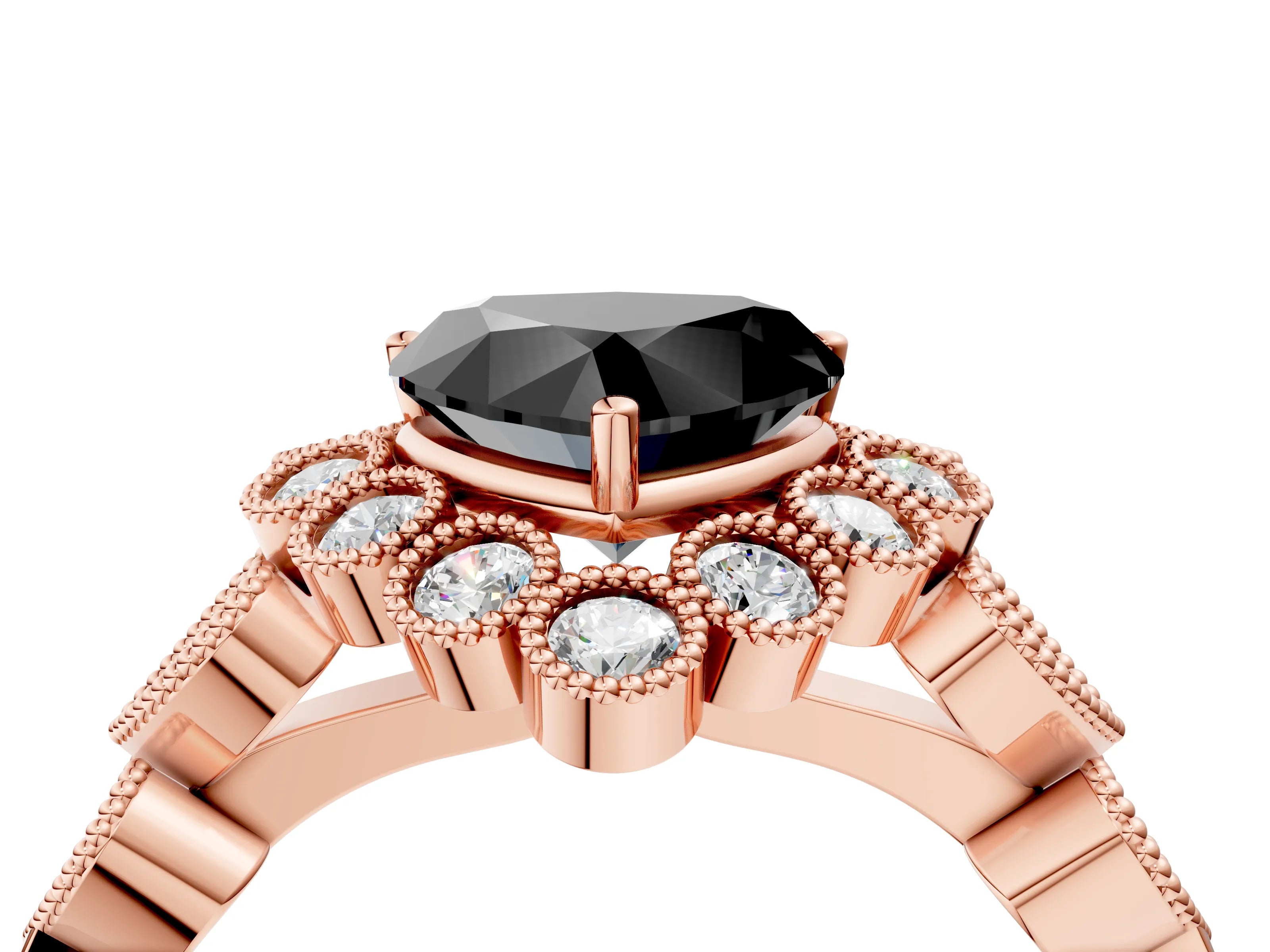 Rose gold Fancy Black Heart Cut Brilliant Milgrain Pave Heart Band Solitaire Ring_4