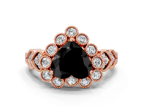 Rose gold Fancy Black Heart Cut Brilliant Milgrain Pave Heart Band Solitaire Ring