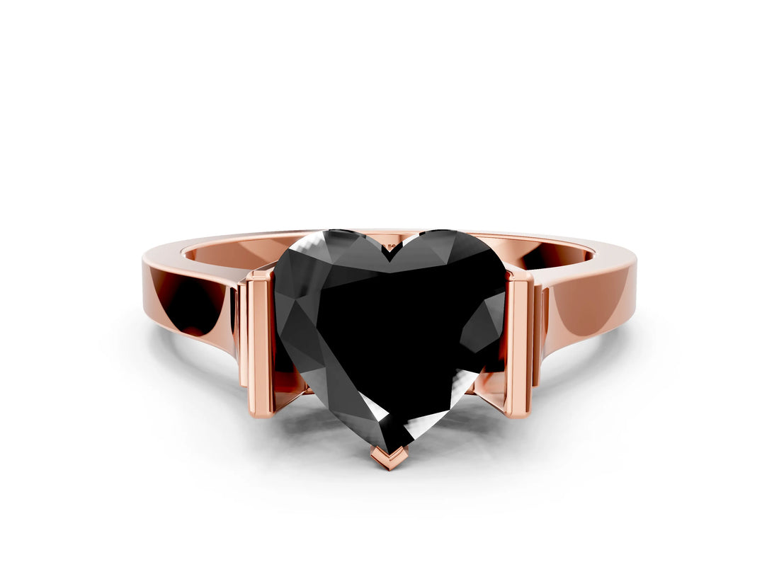 Rose gold Fancy Black Heart Cut Brilliant Solitaire Diamond Ring with Channel Set Band and Bar Prong Setting