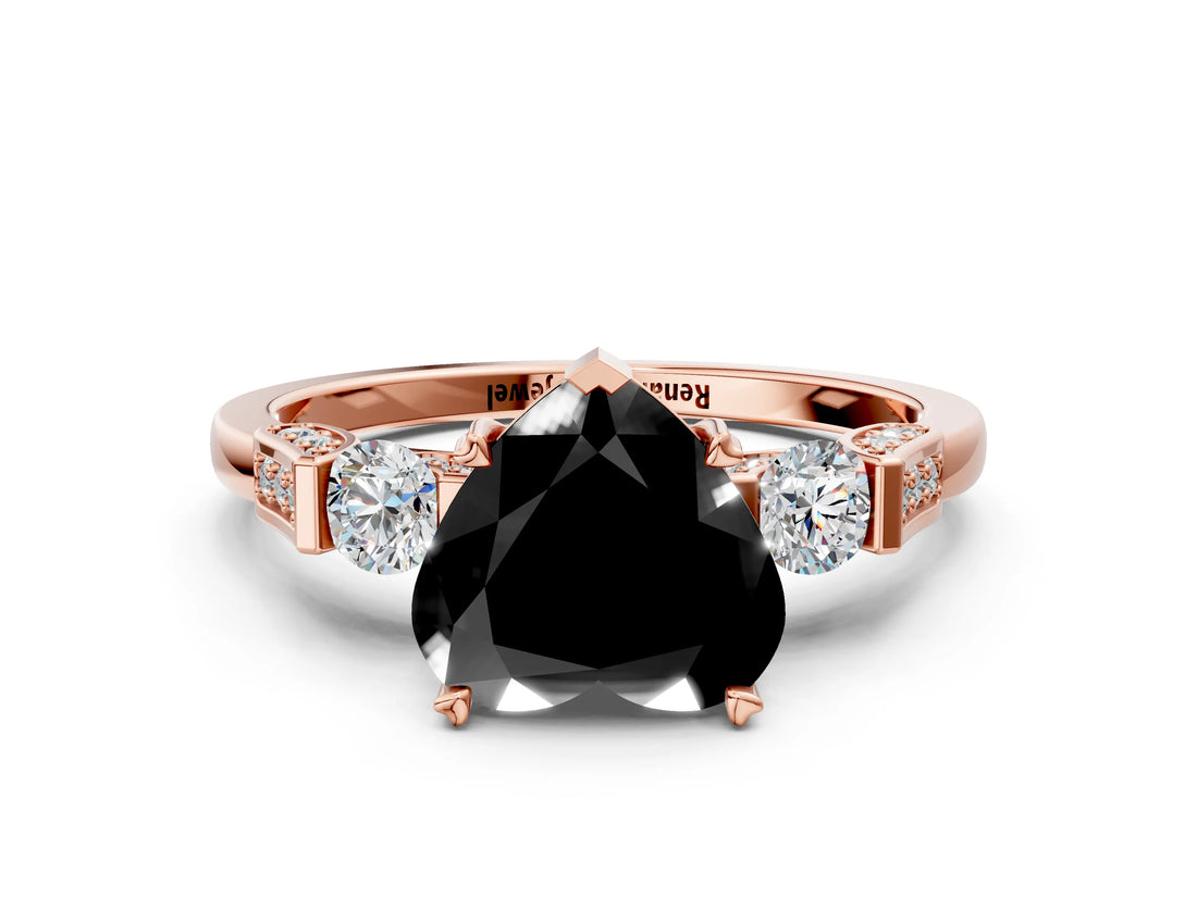Rose gold Fancy Black Heart Cut Brilliant Three-Stone Pave Band with Four-Prong Setting