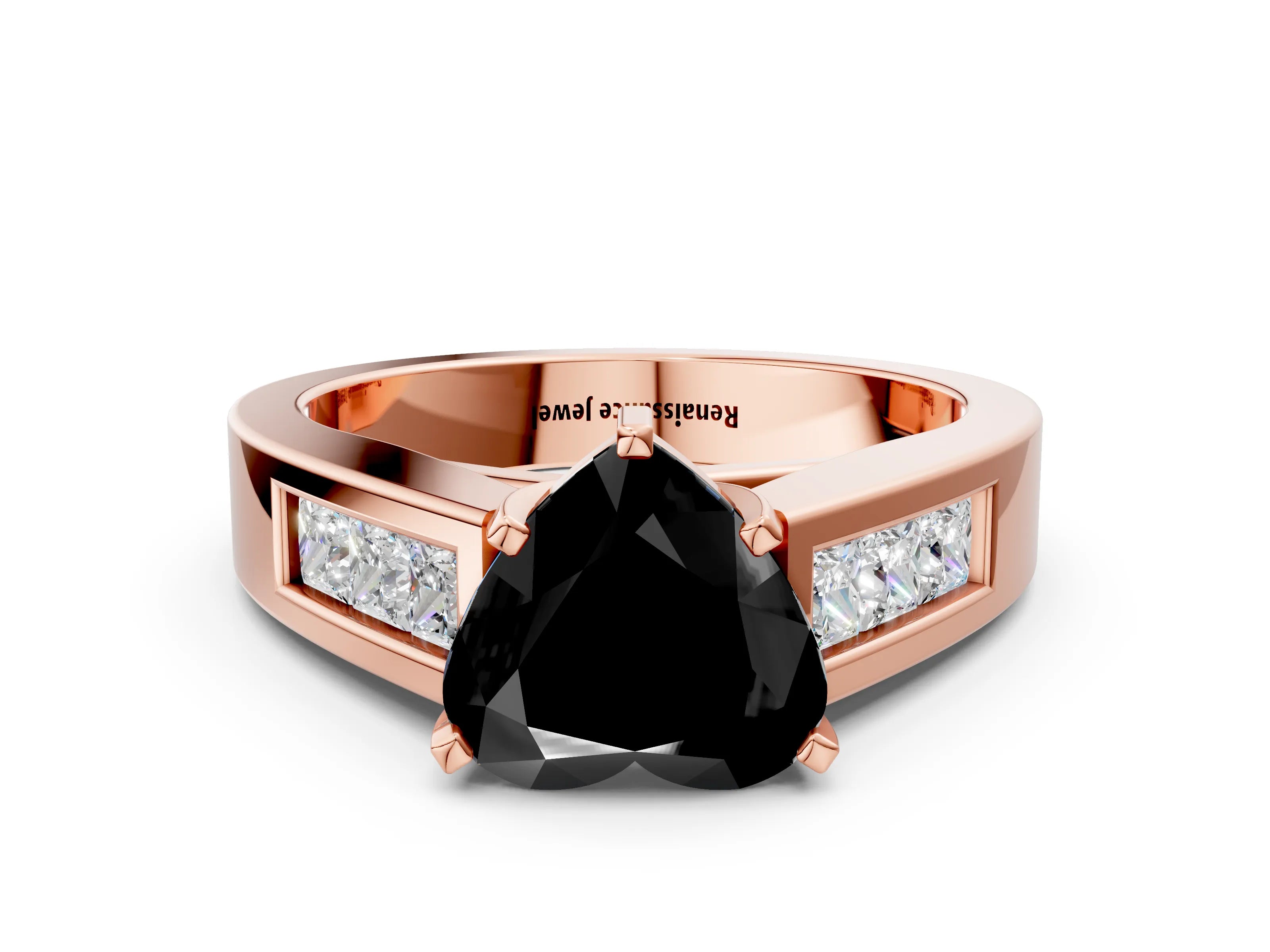 Rose gold Fancy Black Heart Cut Cut Channel Set Solitaire Ring with Four-Prong Setting