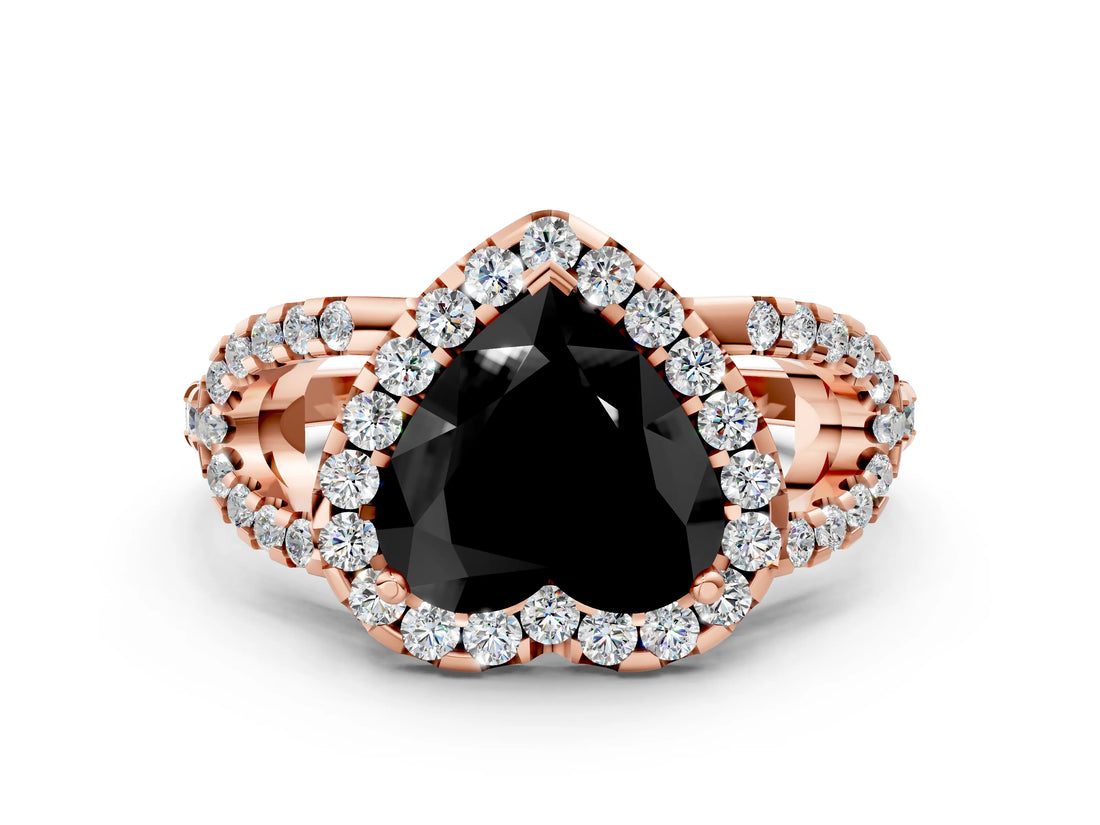 Rose gold Fancy Black Heart Cut Cut Diamond Halo Engagement Ring with Open Split Pavé Band
