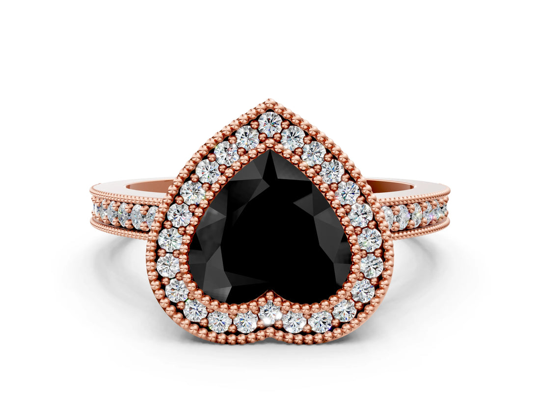 Rose gold Fancy Black Heart Cut-Cut Diamond Halo Engagement Ring with Pave Band and Prong Setting