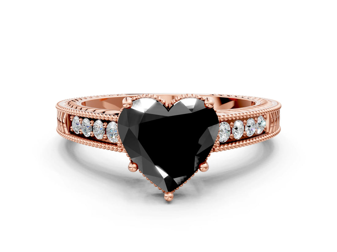 Rose gold Fancy Black Heart Cut Cut Diamond Milgrain Pave Band Four-Prong Setting Ring_3