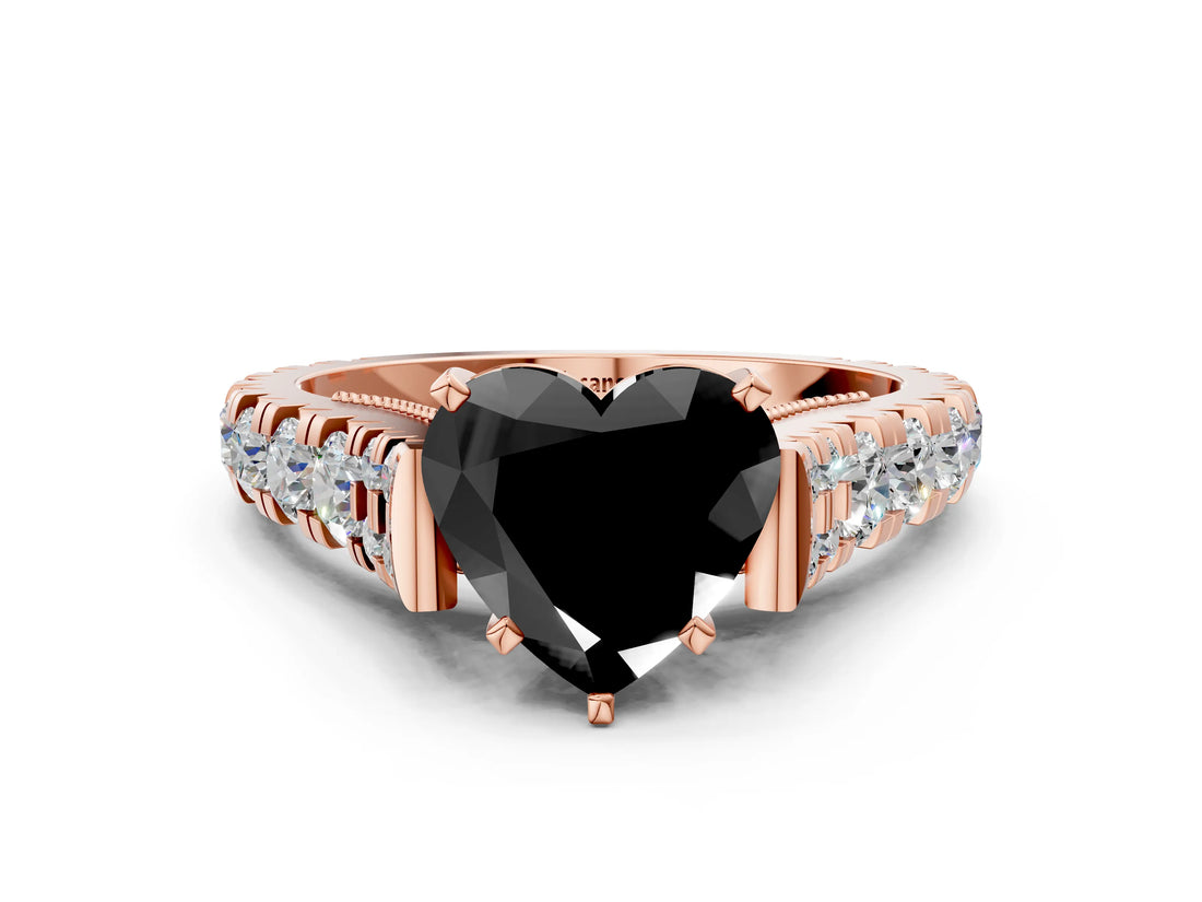 Rose gold Fancy Black Heart Cut Cut Diamond Pavé Band Solitaire with Four-Prong Setting