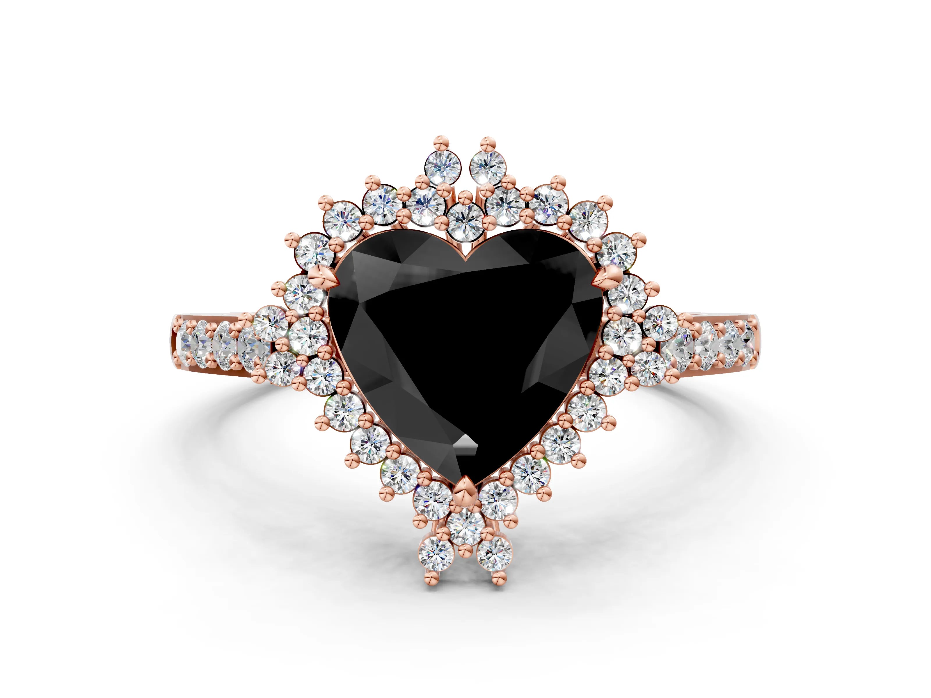 Rose gold Fancy Black Heart Cut Cut Diamond Sunburst Halo Engagement Ring with Pavé Band