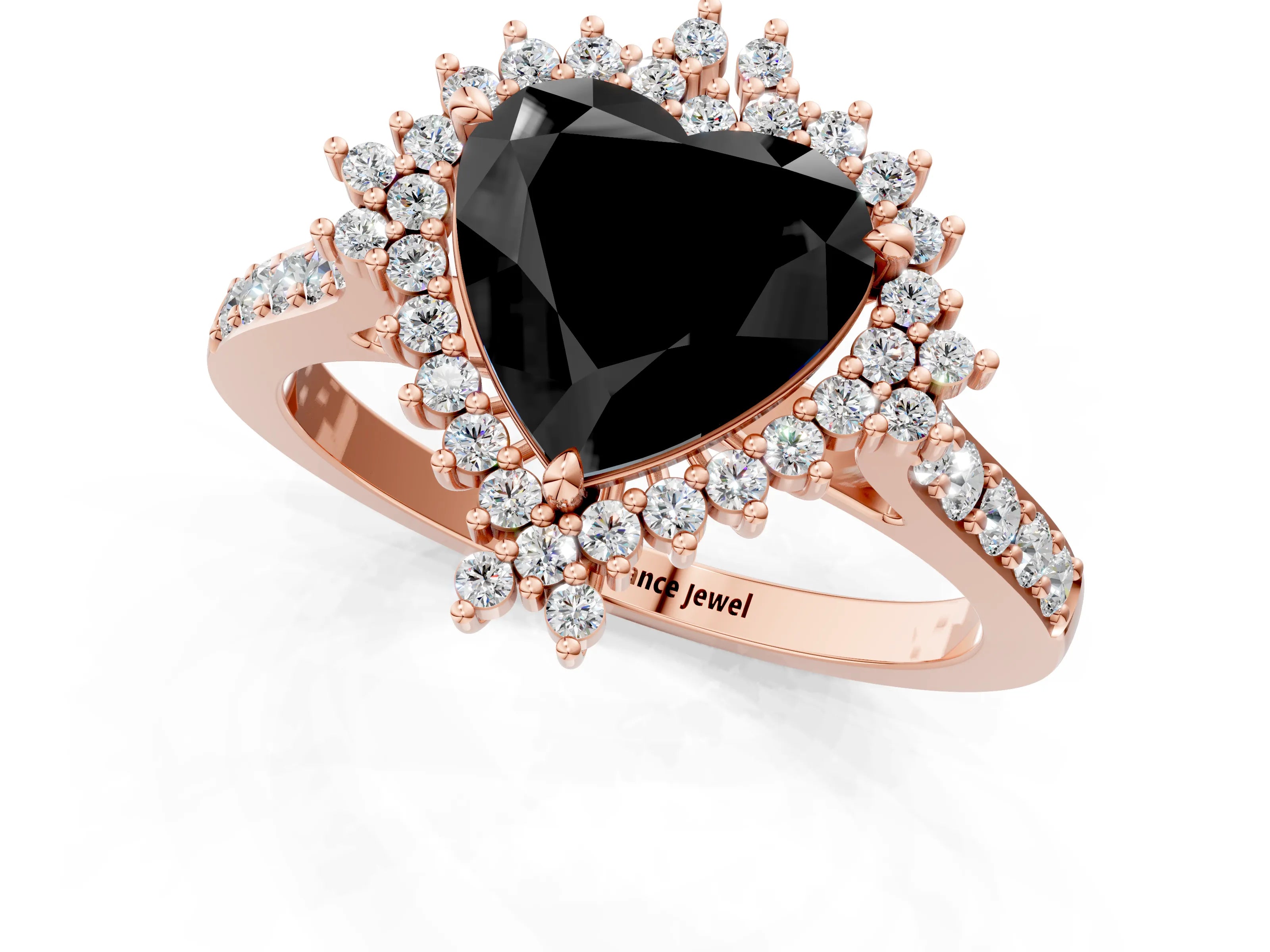 Rose gold Fancy Black Heart Cut Cut Diamond Sunburst Halo Engagement Ring with Pavé Band_1