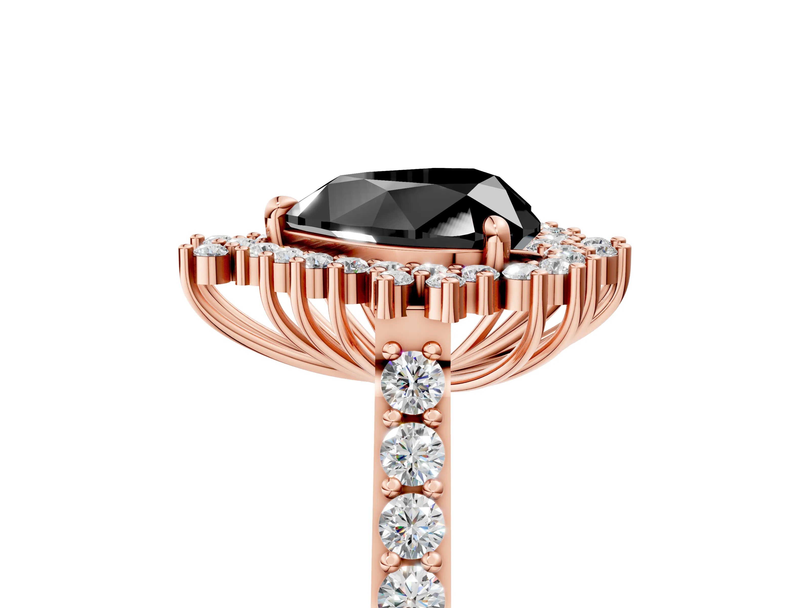 Rose gold Fancy Black Heart Cut Cut Diamond Sunburst Halo Engagement Ring with Pavé Band_5