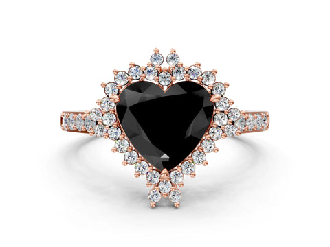 Rose gold Fancy Black Heart Cut Cut Diamond Sunburst Halo Engagement Ring with Pavé Band