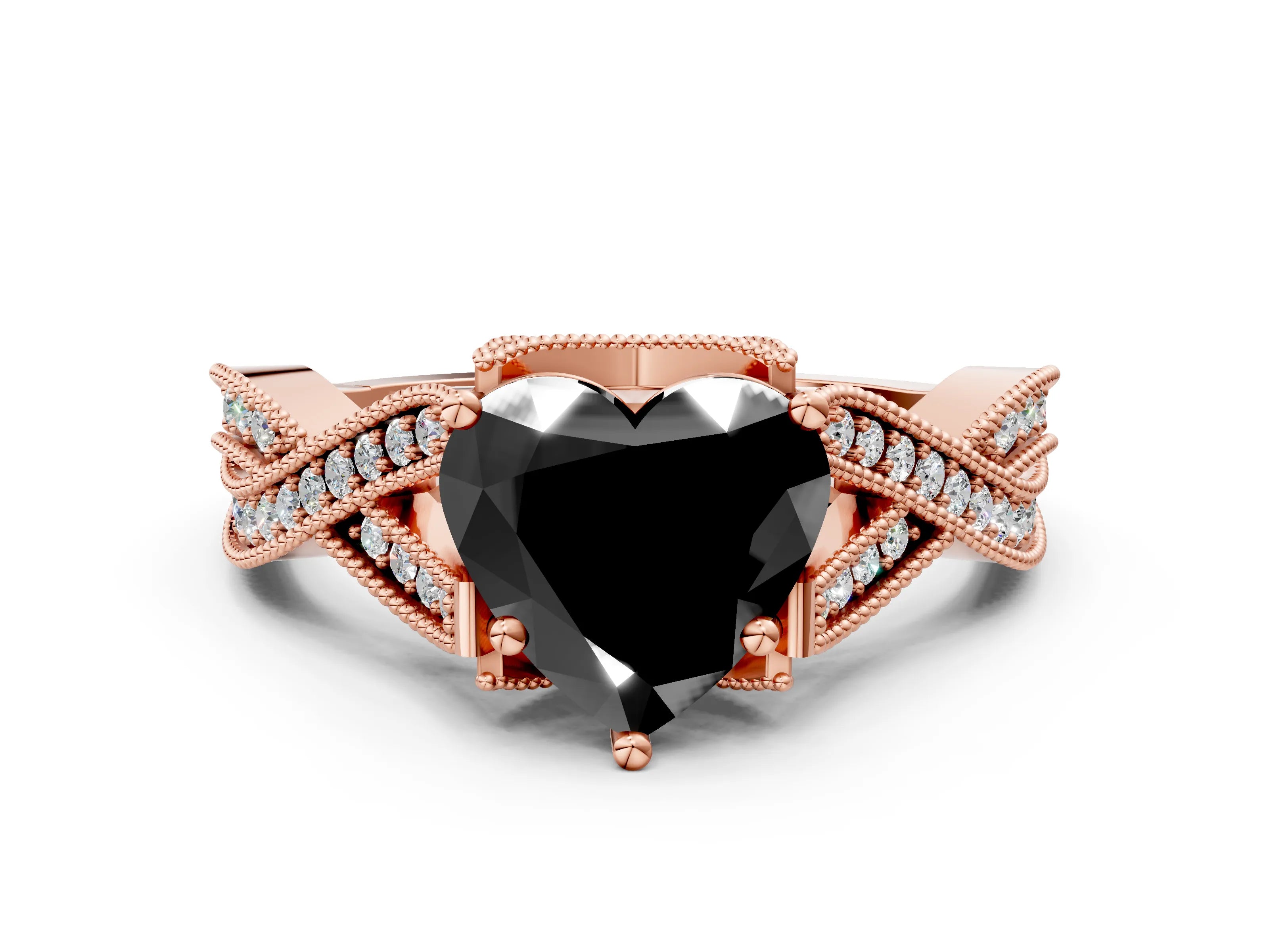 Rose gold Fancy Black Heart Cut Cut Diamond Twisted Band with Milgrain Pave Setting and Four-Prong Setting