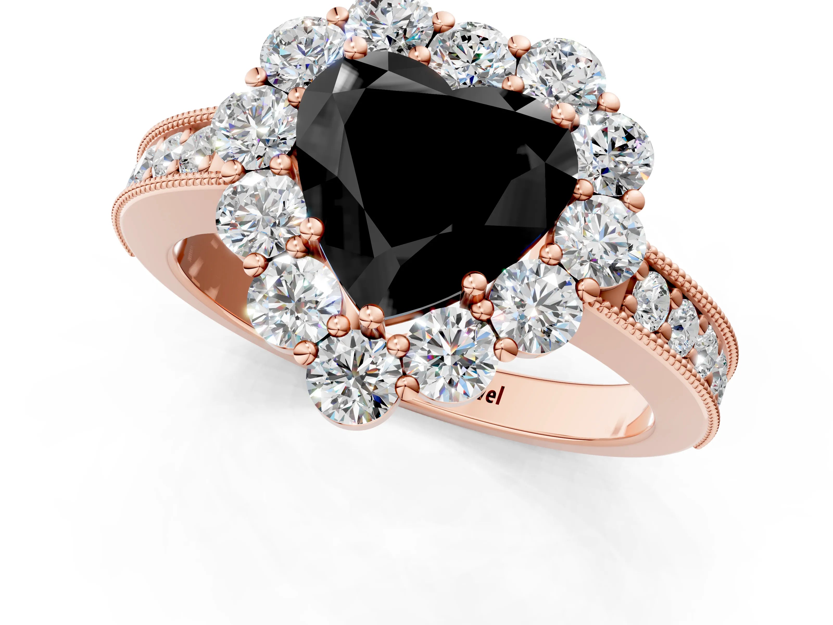 Rose gold Fancy Black Heart Cut Cut Halo Diamond Pavé Engagement Ring with Milgrain Detailing_1