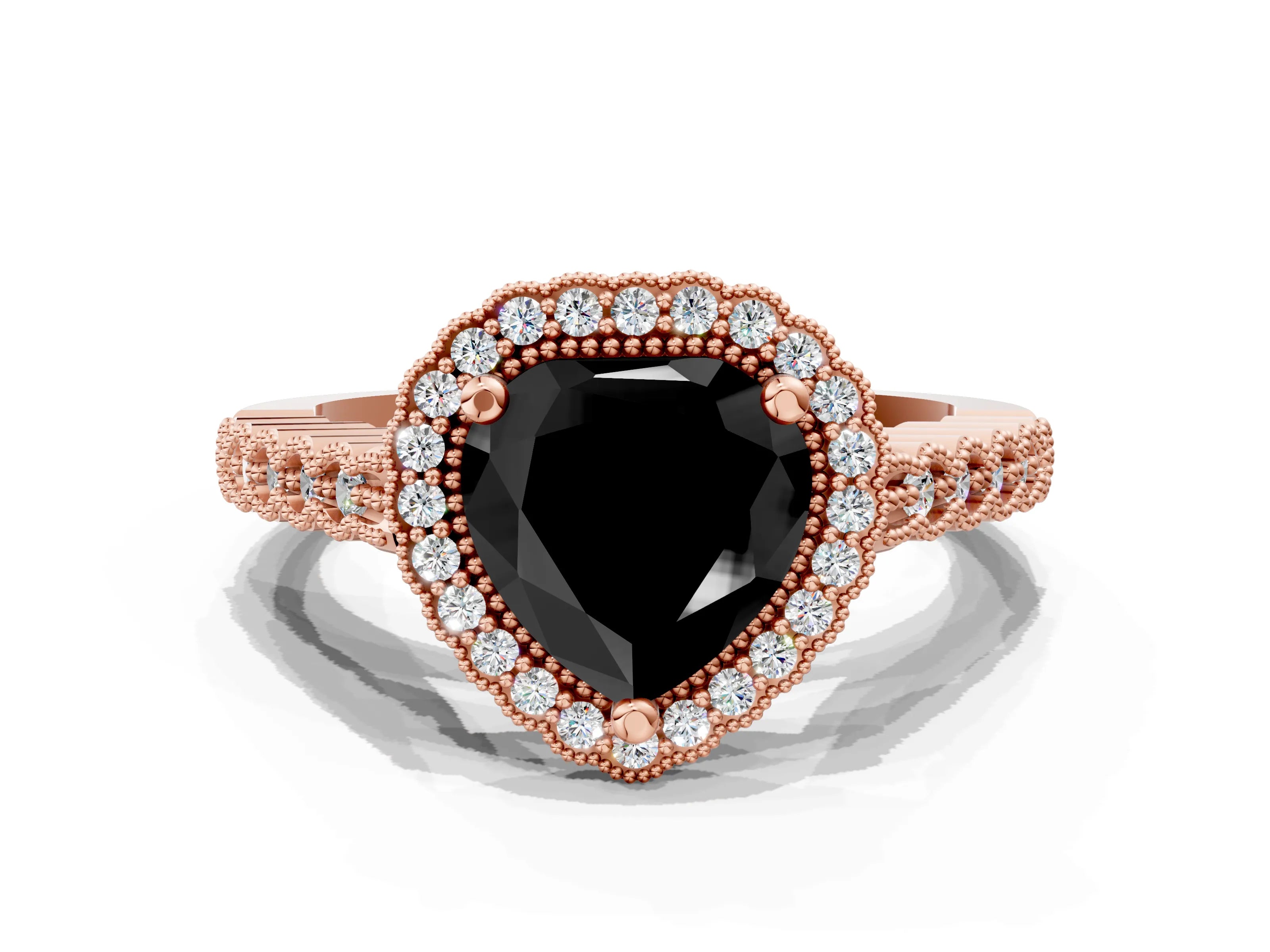 Rose gold Fancy Black Heart Cut Cut Halo Pavé Solitaire Ring with Milgrain Band