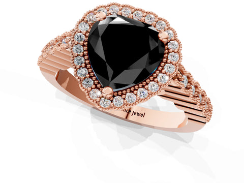 Rose gold Fancy Black Heart Cut Cut Halo Pavé Solitaire Ring with Milgrain Band_1