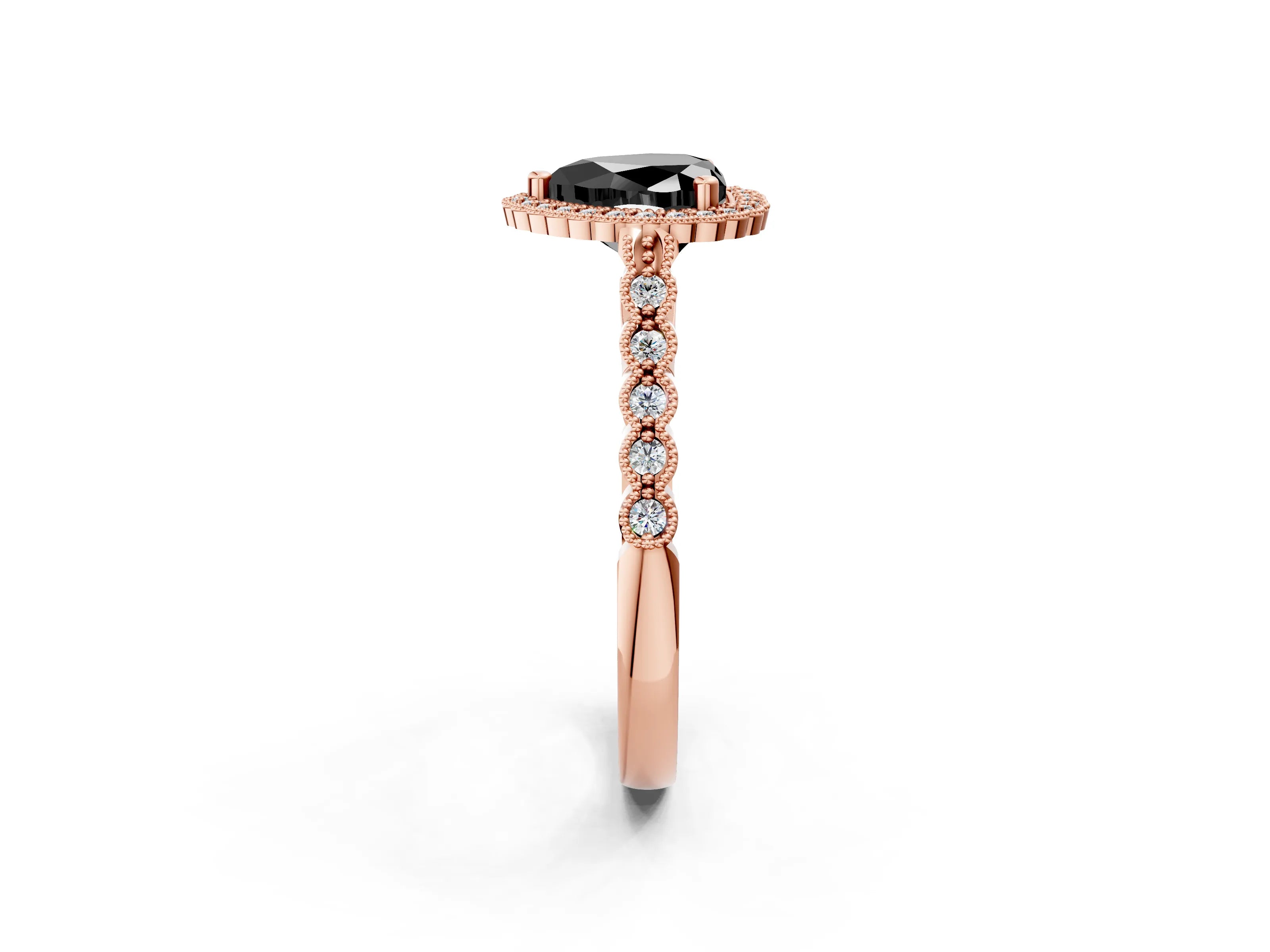 Rose gold Fancy Black Heart Cut Cut Halo Pavé Solitaire Ring with Milgrain Band_2