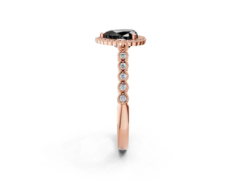 Rose gold Fancy Black Heart Cut Cut Halo Pavé Solitaire Ring with Milgrain Band_2