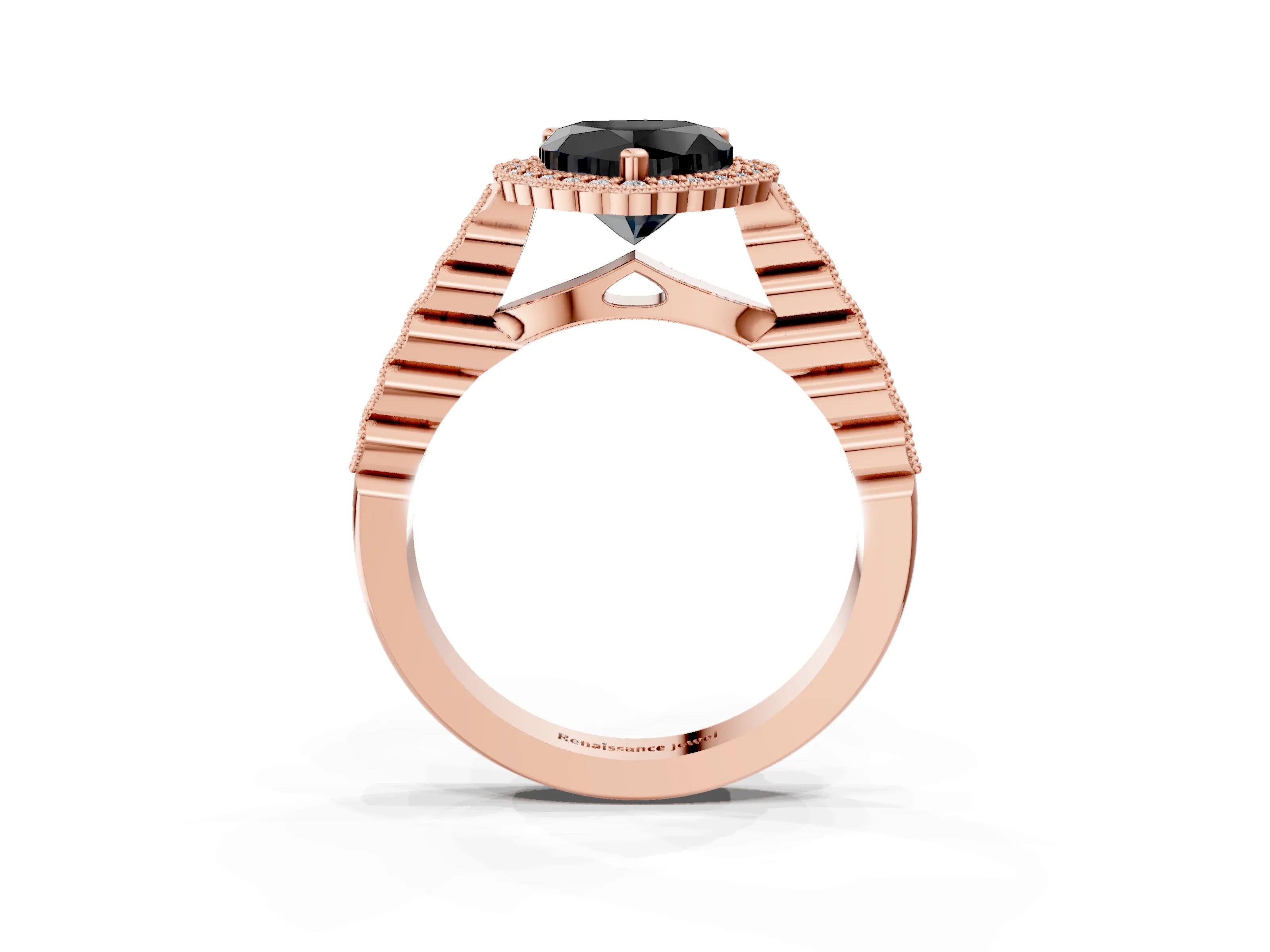 Rose gold Fancy Black Heart Cut Cut Halo Pavé Solitaire Ring with Milgrain Band_3