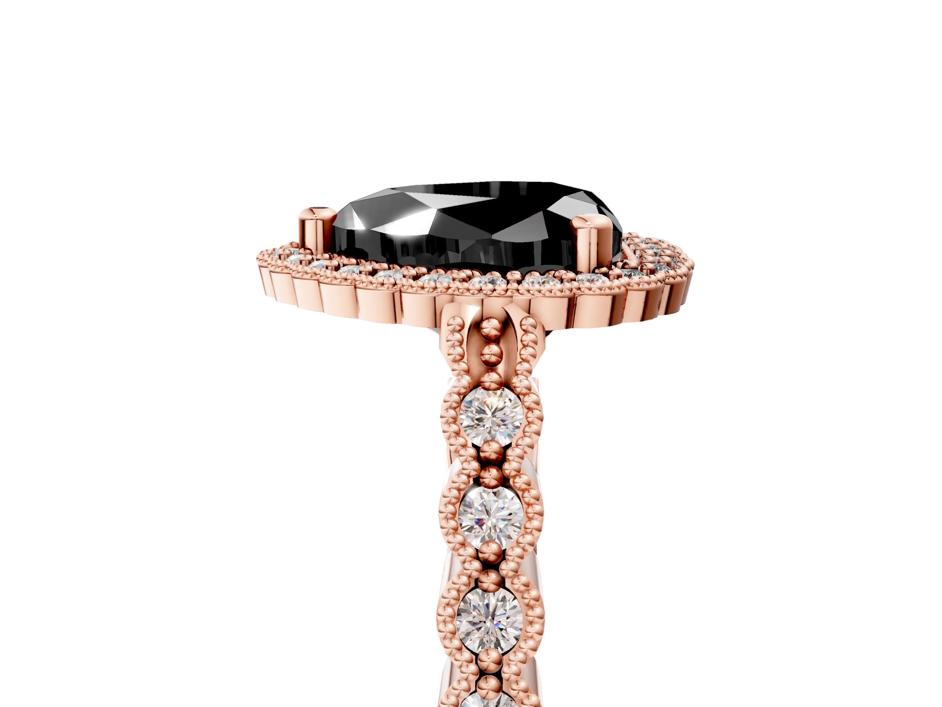 Rose gold Fancy Black Heart Cut Cut Halo Pavé Solitaire Ring with Milgrain Band_5