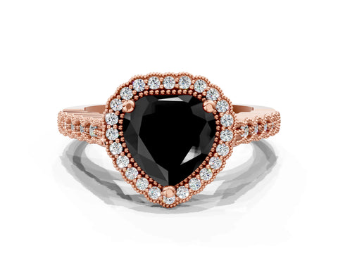 Rose gold Fancy Black Heart Cut Cut Halo Pavé Solitaire Ring with Milgrain Band