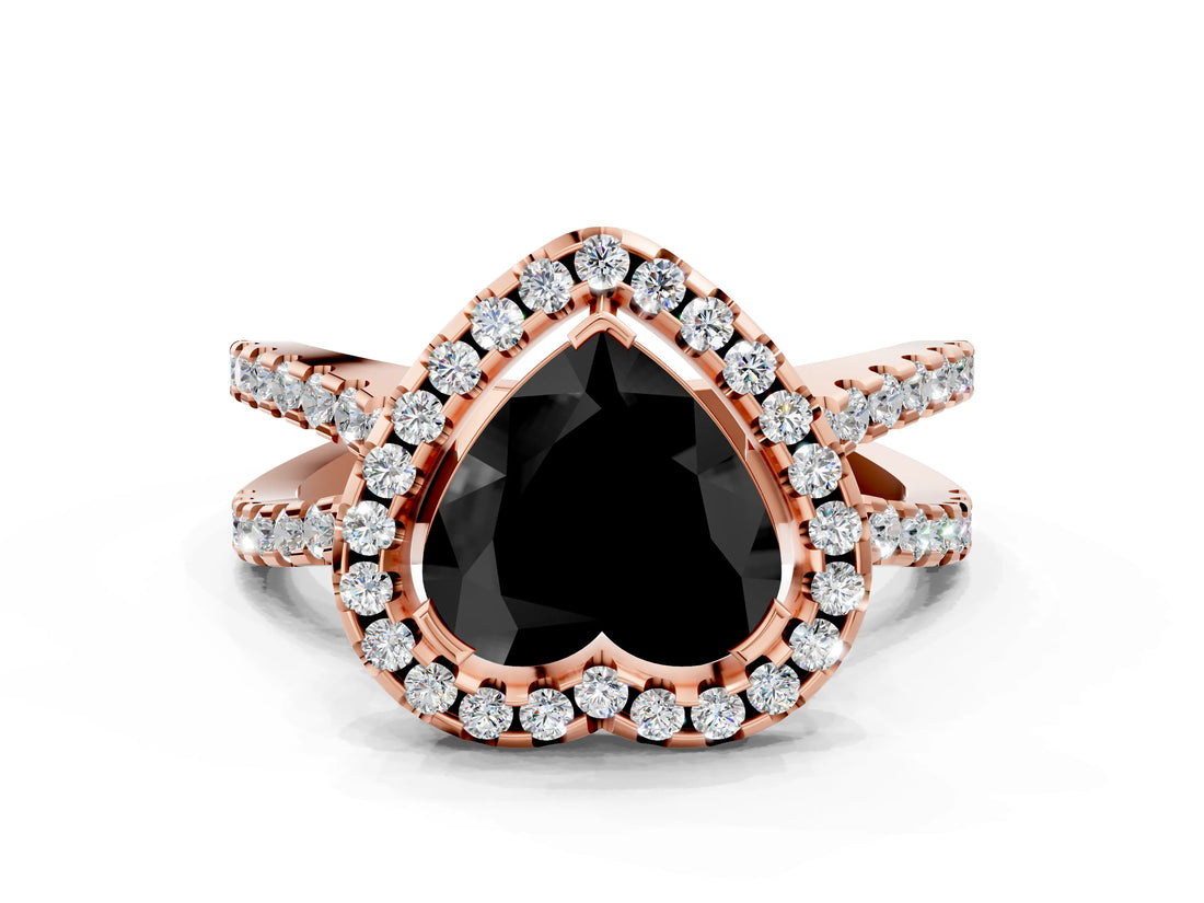 Rose gold Fancy Black Heart Cut Cut Halo Split Shank Pave Set Ring