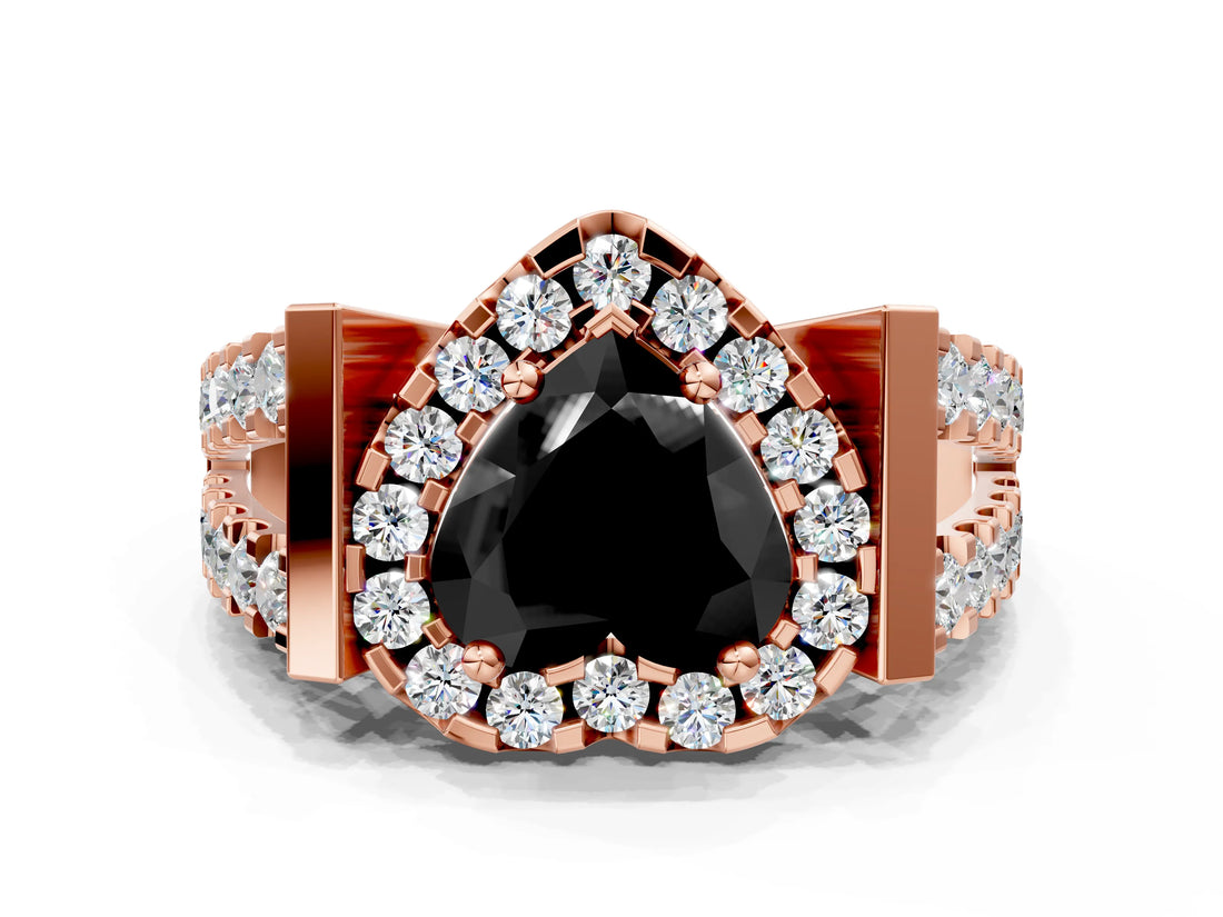 Rose gold Fancy Black Heart Cut Cut Halo Split Shank Prong Set Ring