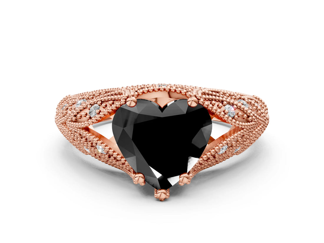 Rose gold Fancy Black Heart Cut Cut Milgrain Pave Diamond Engagement Ring with Four-Prong Setting_3