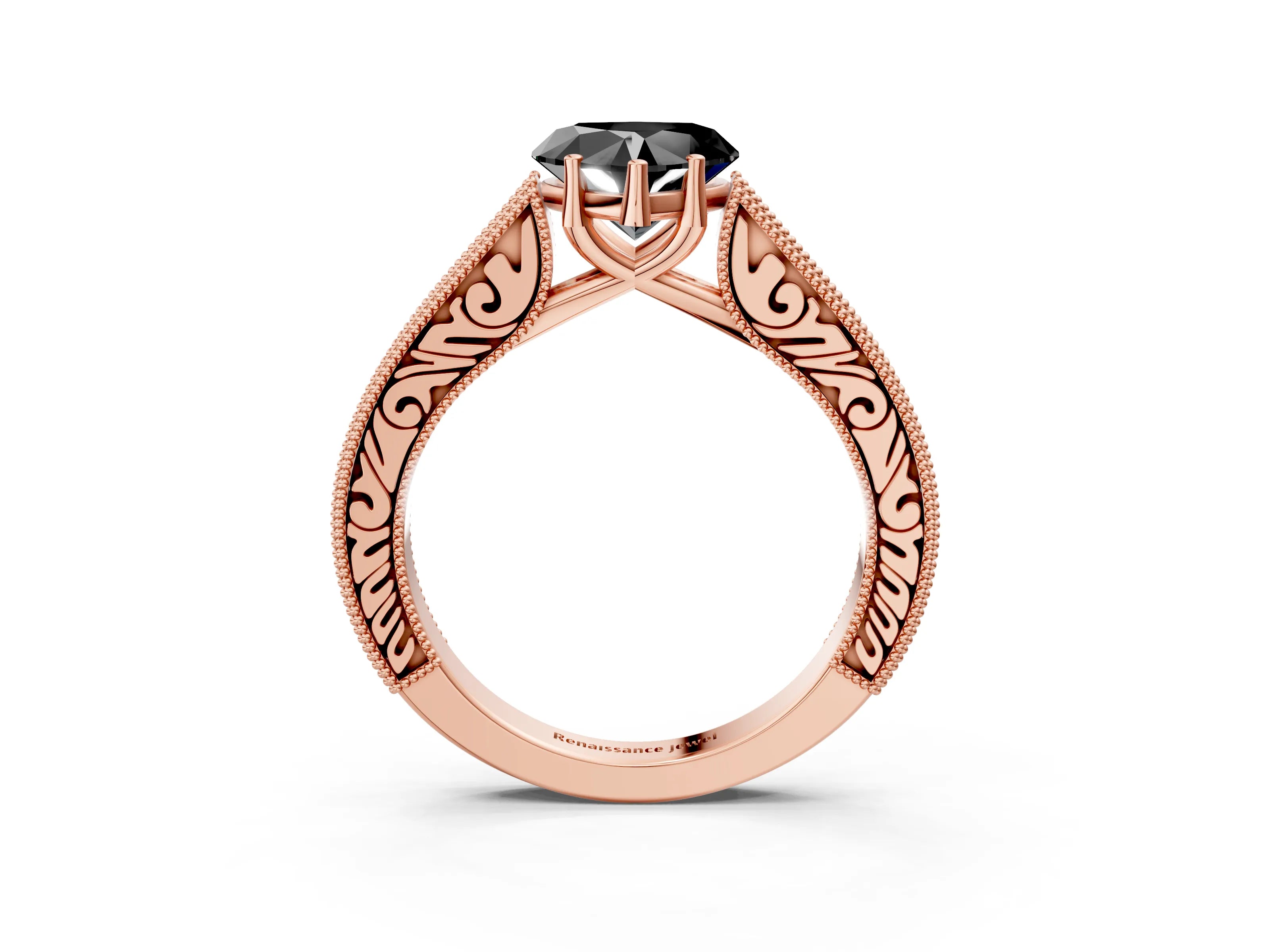 Rose gold Fancy Black Heart Cut Cut Pave Band Milgrain Solitaire Ring_23