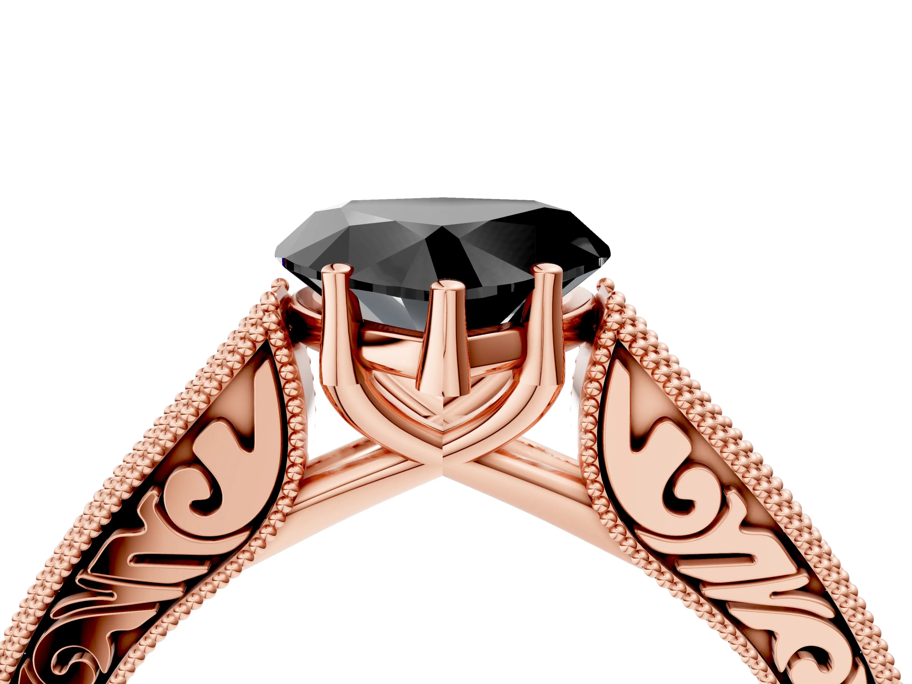 Rose gold Fancy Black Heart Cut Cut Pave Band Milgrain Solitaire Ring_24