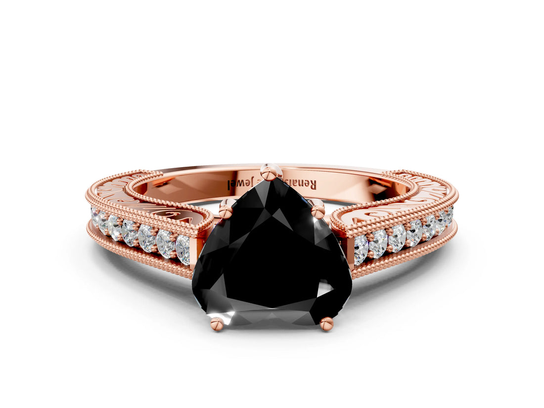 Rose gold Fancy Black Heart Cut Cut Pave Band Milgrain Solitaire Ring_8