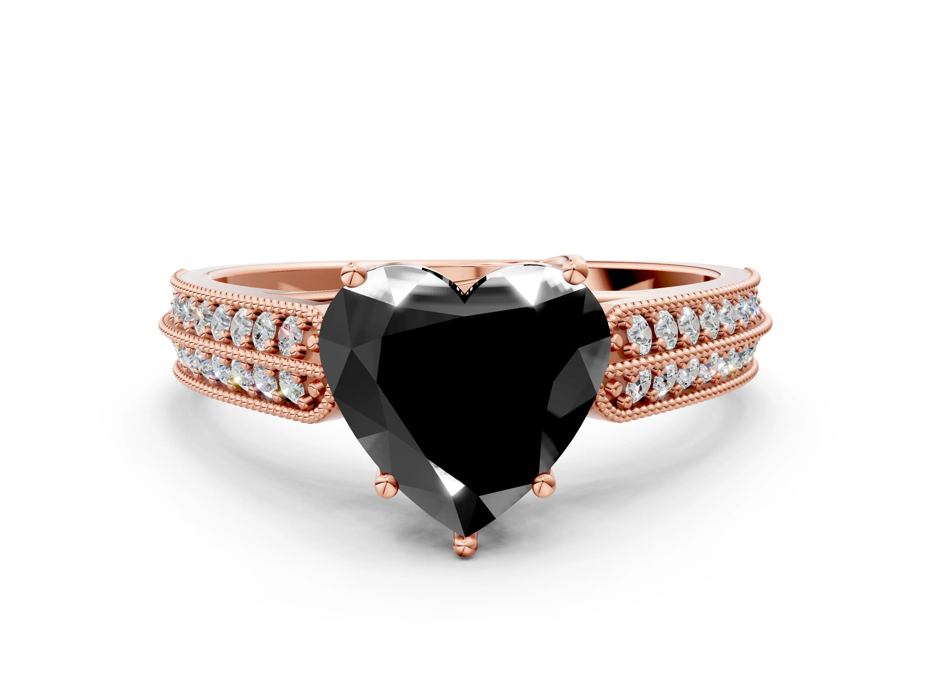 Rose gold Fancy Black Heart Cut Cut Pave Split Shank Engagement Ring with Four-Prong Setting