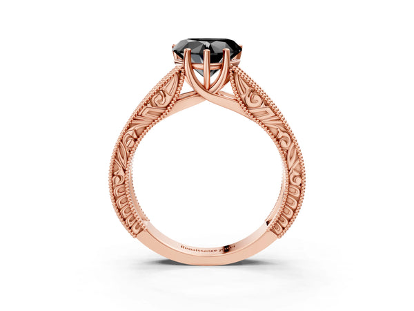 Rose Gold Heart-Shaped Vintage Engraved Solitaire Engagement Ring Setting for Black Center