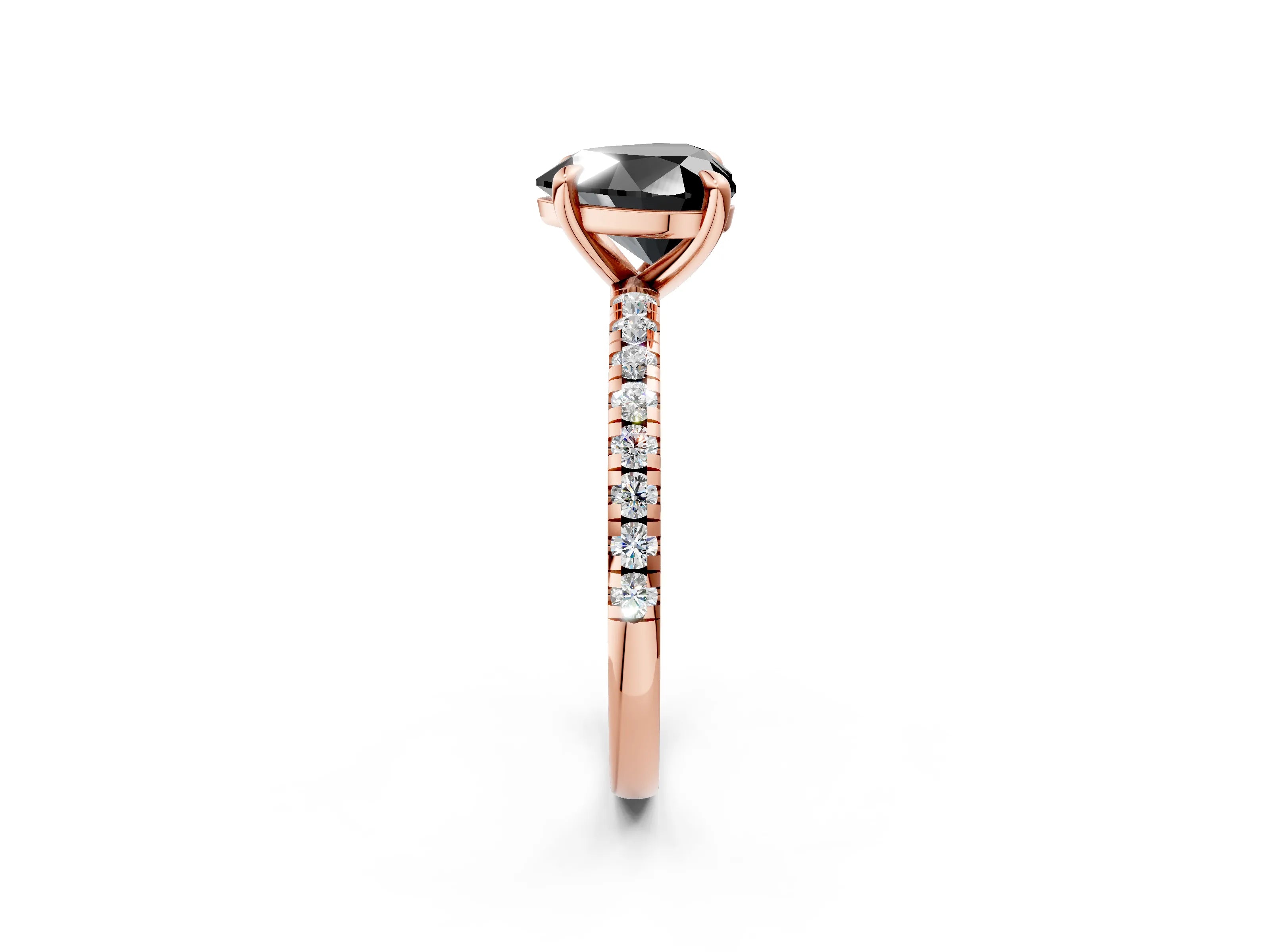 Rose gold Fancy Black Heart Cut Diamond Brilliant Solitaire Ring with Pavé Band and Four-Prong Setting_2