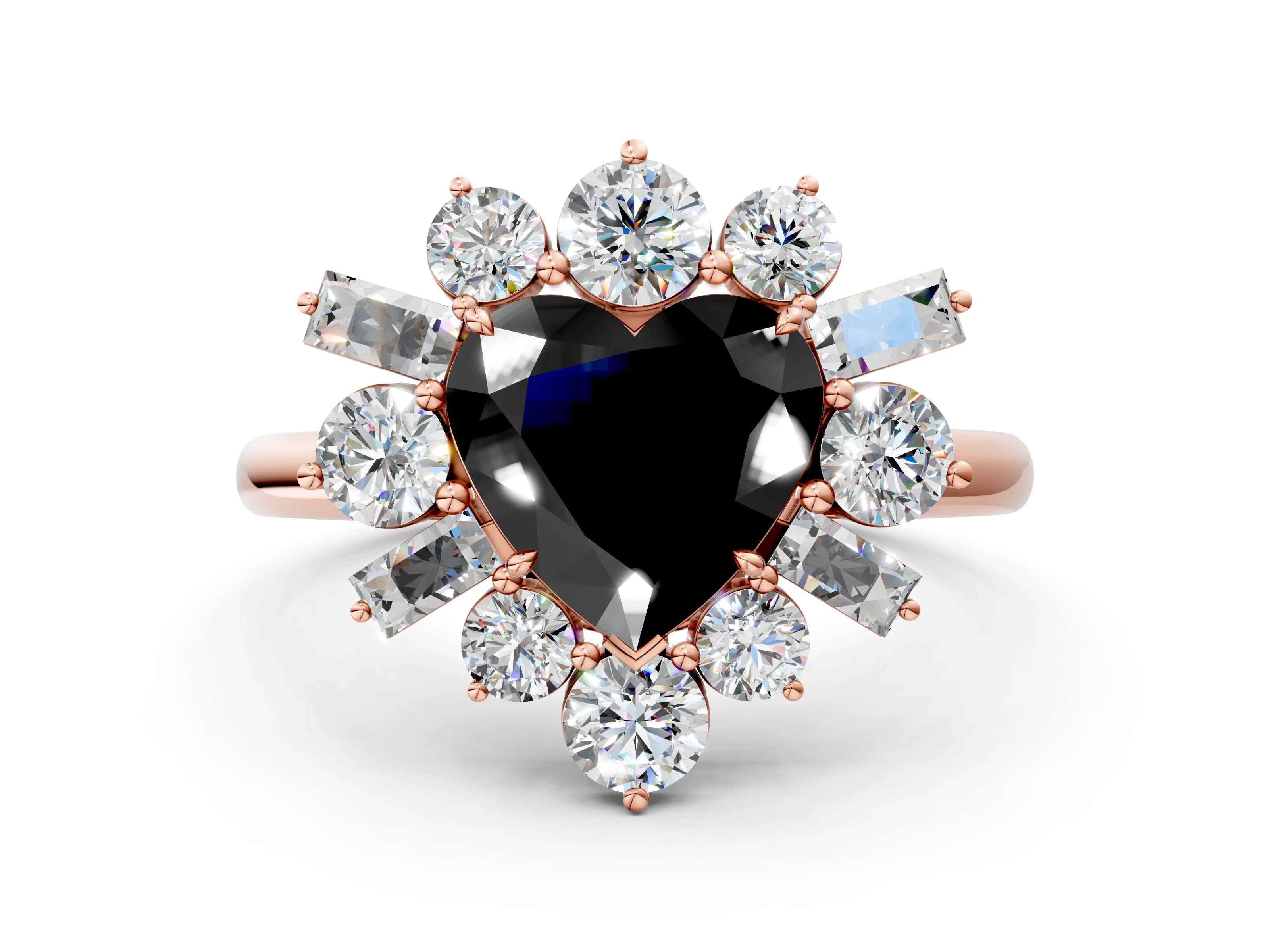 Rose gold Fancy Black Heart Cut Diamond Cluster Ring with Round and Baguette Stones, Split Shank Band, Prong Setting