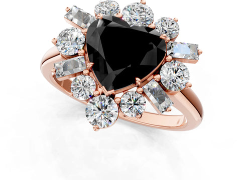Rose gold Fancy Black Heart Cut Diamond Cluster Ring with Round and Baguette Stones, Split Shank Band, Prong Setting_1