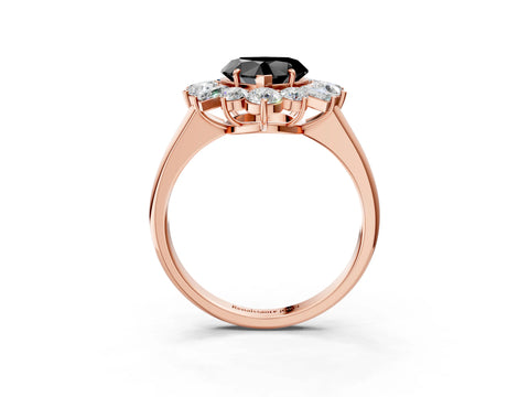 Rose gold Fancy Black Heart Cut Diamond Cluster Ring with Round and Baguette Stones, Split Shank Band, Prong Setting_3