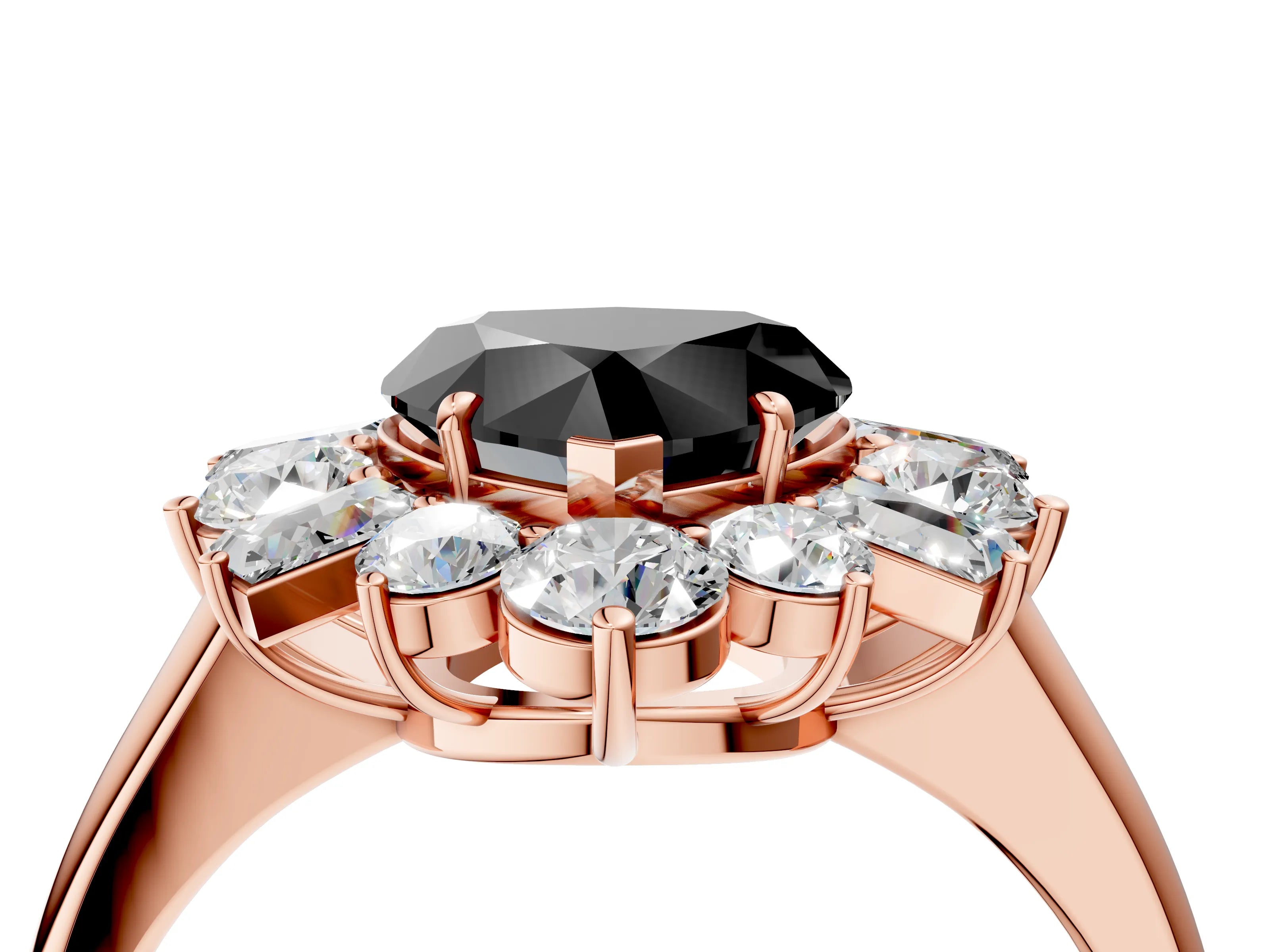 Rose gold Fancy Black Heart Cut Diamond Cluster Ring with Round and Baguette Stones, Split Shank Band, Prong Setting_4