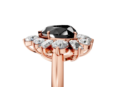 Rose gold Fancy Black Heart Cut Diamond Cluster Ring with Round and Baguette Stones, Split Shank Band, Prong Setting_5