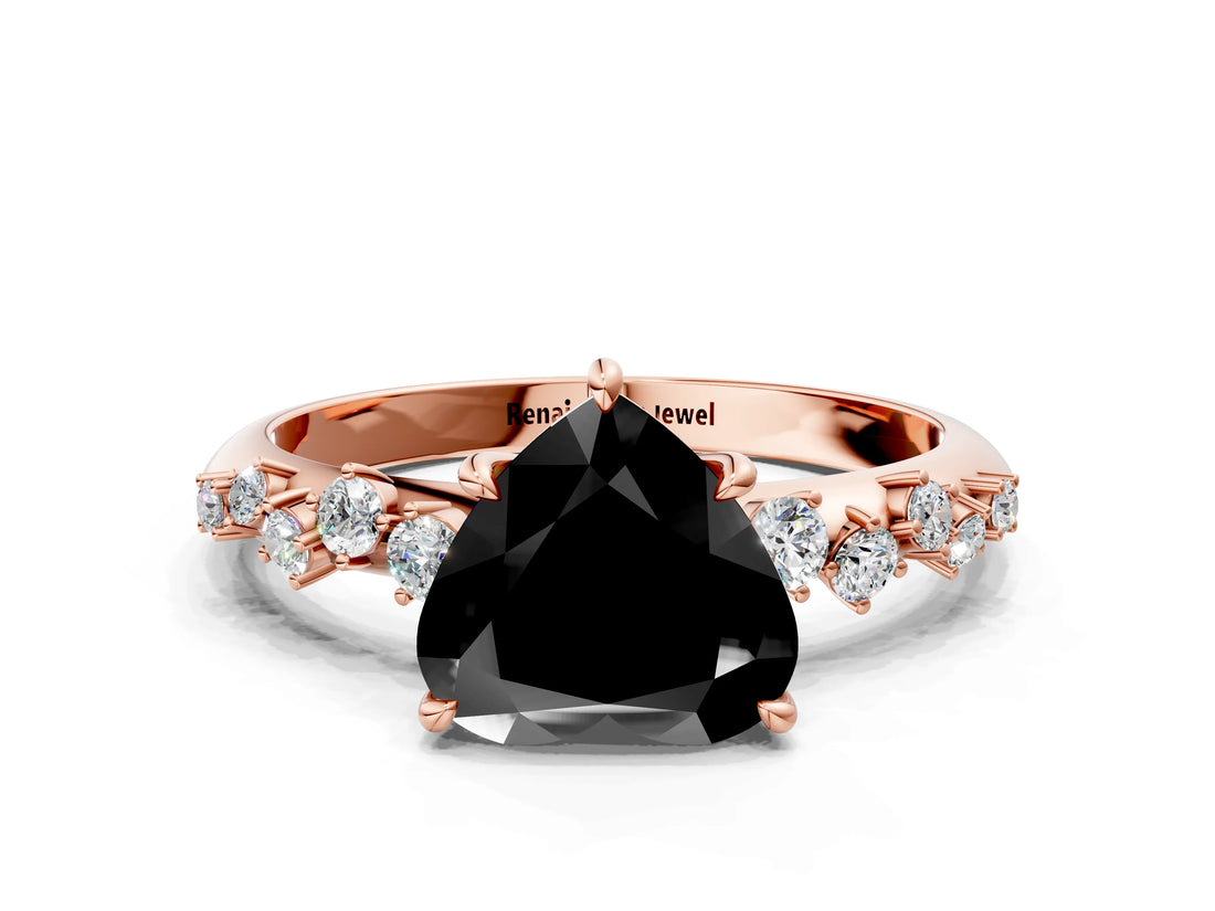 Rose gold Fancy Black Heart Cut Diamond Cluster Side Stone Solitaire Ring with Prong Setting_24