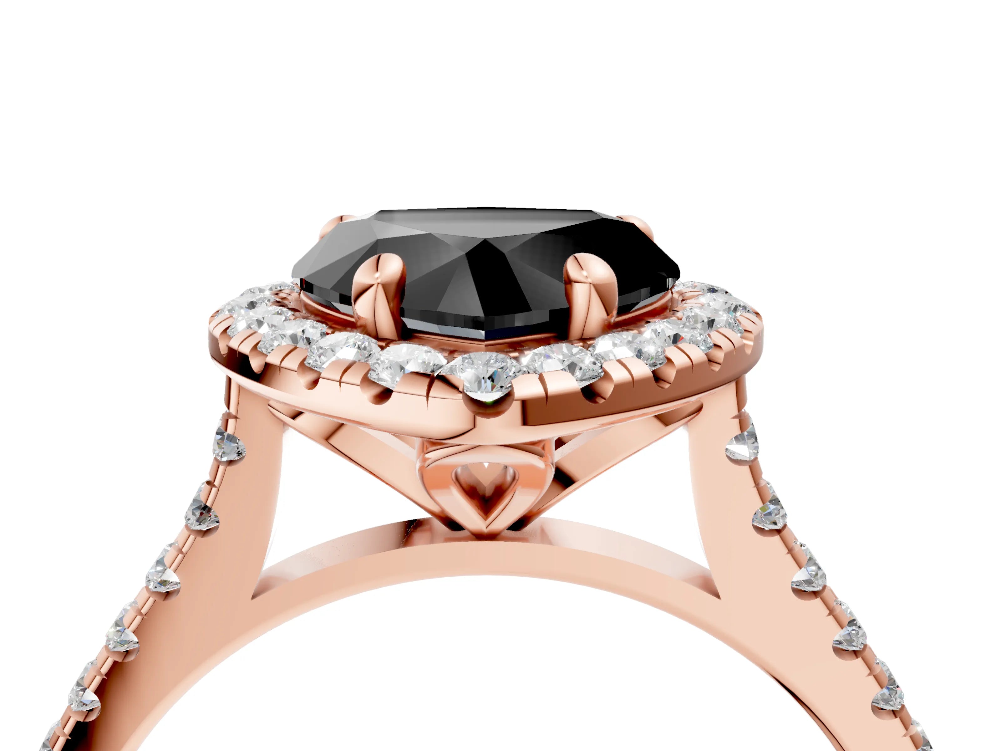 Rose gold Fancy Black Heart Cut Diamond Cushion Halo Ring with Pavé Band_4
