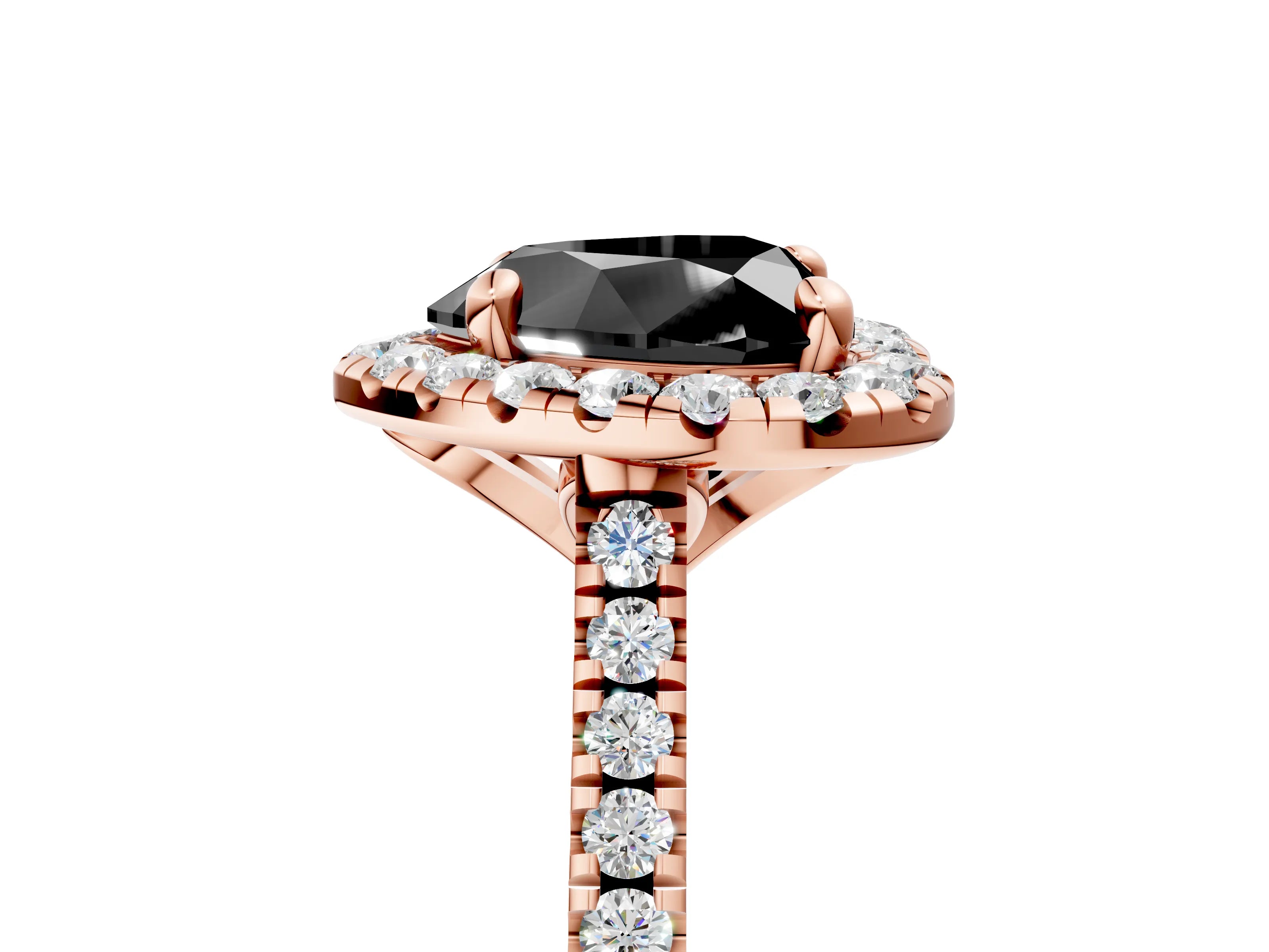 Rose gold Fancy Black Heart Cut Diamond Cushion Halo Ring with Pavé Band_5